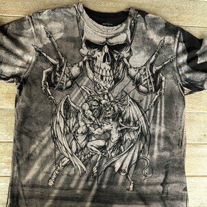 RARE Vintage Y2K Affliction Puppet Master God Vs Demon T-shirt Size Medium